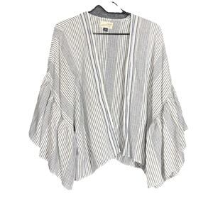 Kimono Cardigan Womens One Size Blue White Striped Gauzy Beachy Flounce Boho